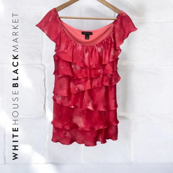 White House Black Market Tops - White House Black Market Pink/Coral Watercolor Ruffle Sleeveless Blouse, L